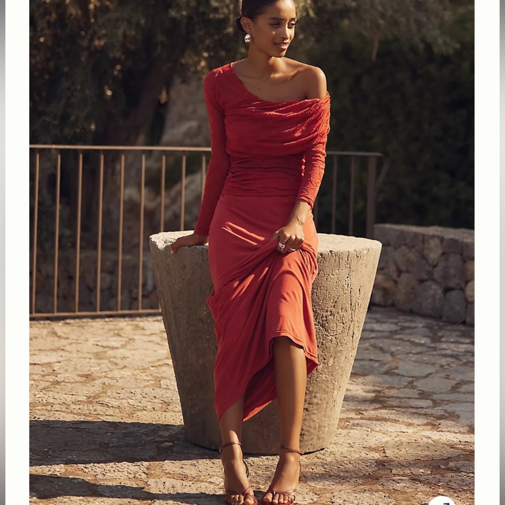 Anthropologie One Shoulder Dress SOVERE Venus Long-Sleeve Ruched Maxi Dress